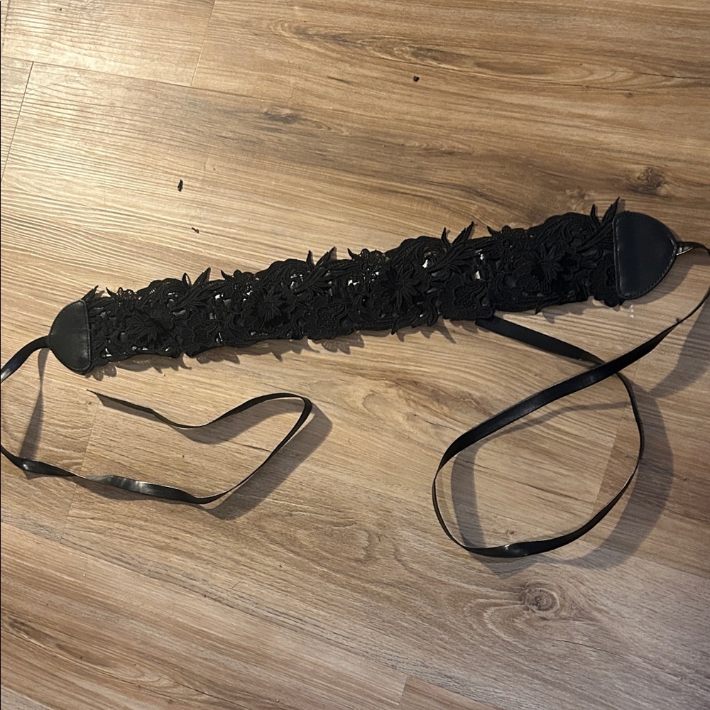 Black Floral Lace Waist Belt with Ribbon Tie